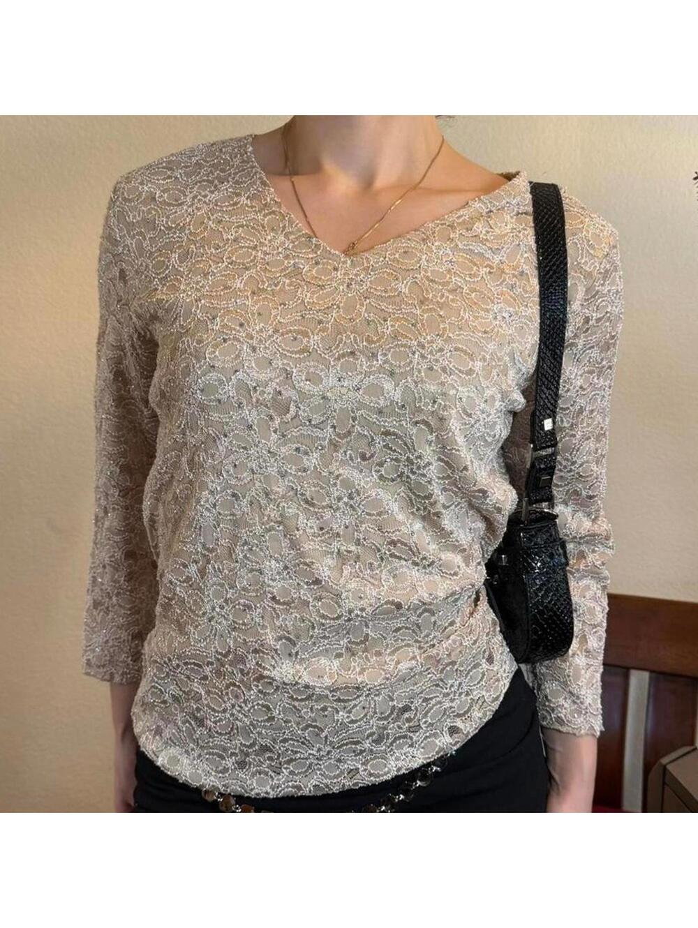 Vintage Champagne Sparkly Lace Long Sleeve Top Womens Medium Y2K
